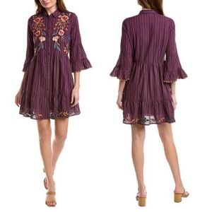 JOHNNY WAS Purple Dress floral embroidery Medium - Boho Luxe Romantic Festival